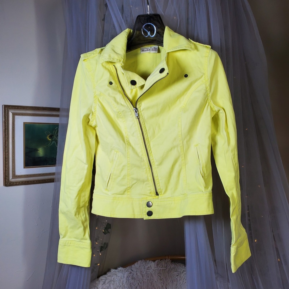 Mudd Neon Yellow Denim Jacket Zip Collar Moto Cotton Lightweight Size M NWT $58